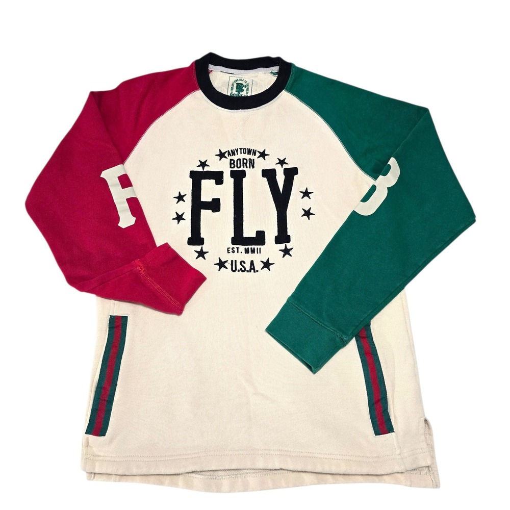 Born Fly‎ Mens Raglan Sweatshirt Cream Green Red Graphic Fleece Pockets Size M